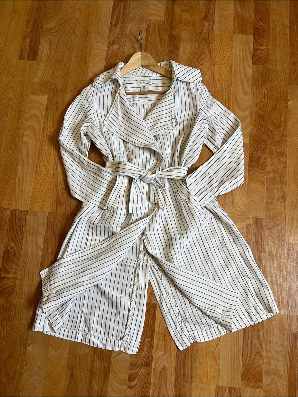 Rachel Zoe Linen Striped Tie-Waist Trench Coat in Cream and Black sz XS